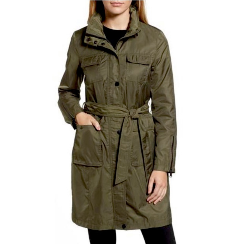 NWOT Tahari Giselle Trench Rain - olive green - belted - XS/Small